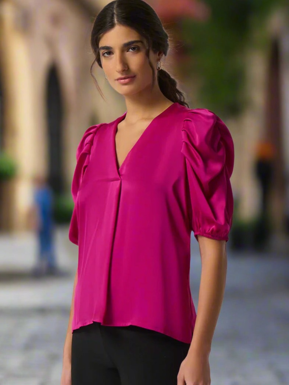 Joseph Ribkoff. Puff Sleeve Satin Blouse. Magenta. Size 10.